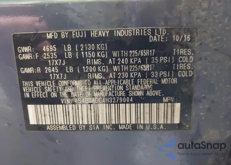 2017 Subaru Outback 2.5I Premium из США, поврежденный, VIN 4S4BSADC4H3279004